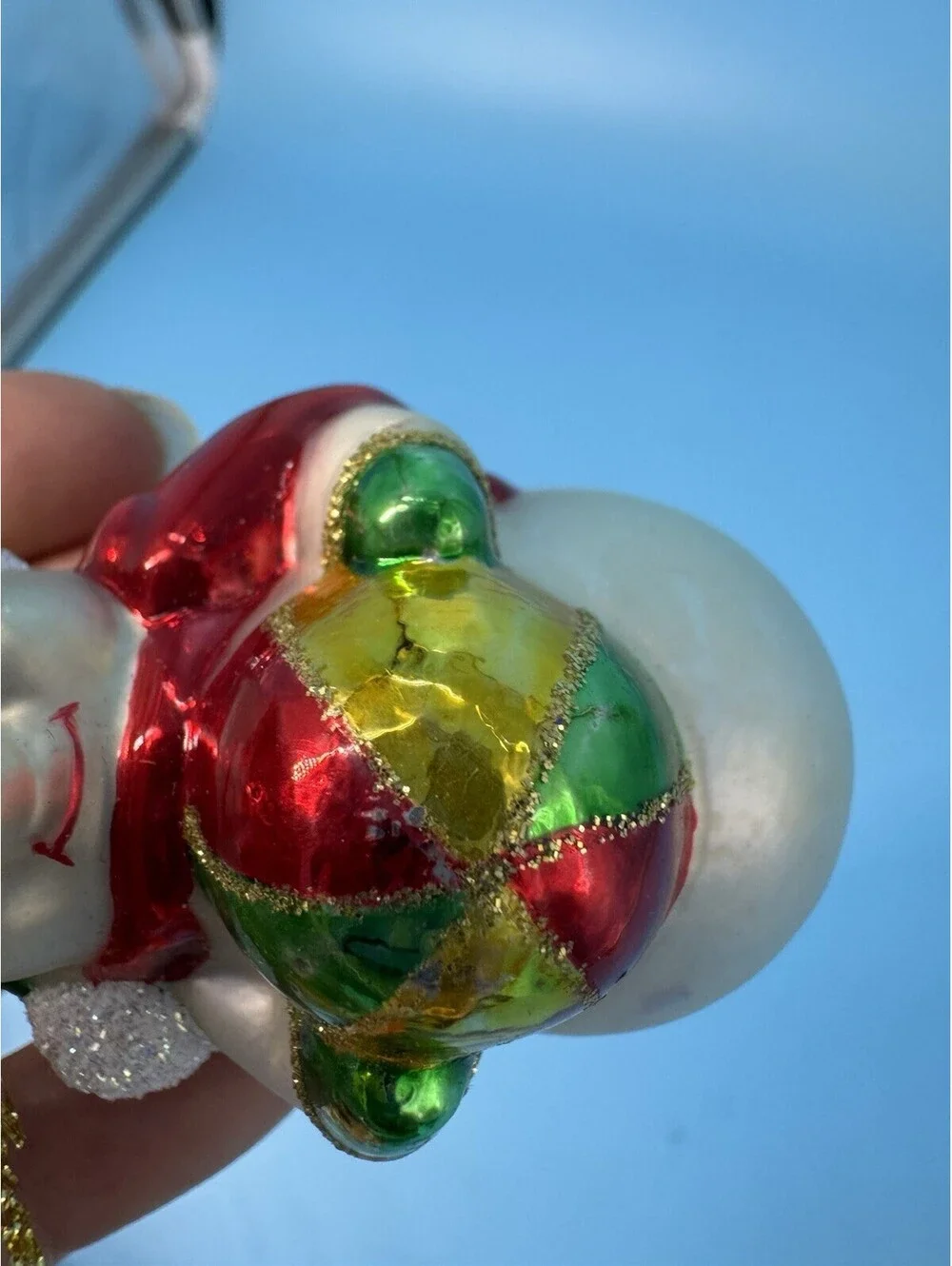Vintage 2003 Thomas Pacconi Blown Glass Snowman Holding Beach Ball Ornament 3.5